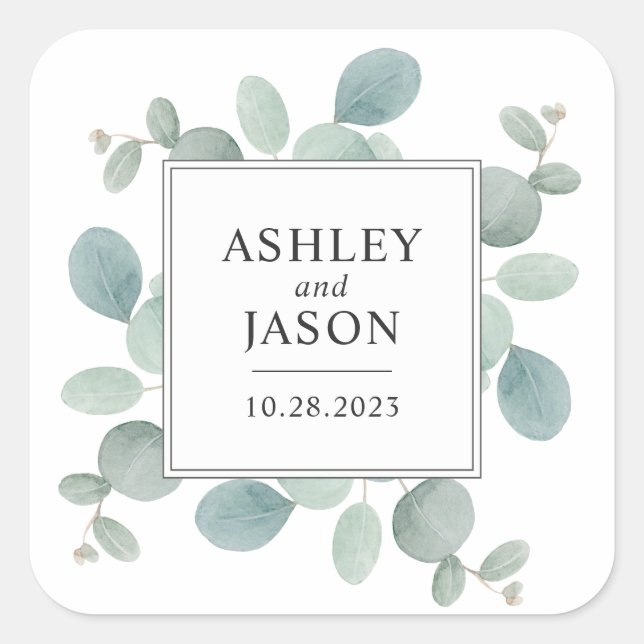 Adesivo Quadrado Casamento de Watercolor Eucalyptus Greenery (Frente)