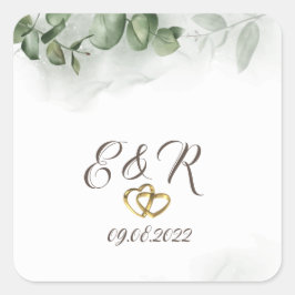 Adesivo Quadrado Casamento de Watercolor Eucalyptus Greenery Hearts
