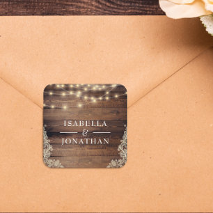 Adesivo Quadrado Casamento de Wood Rustic, Lace & String Lights