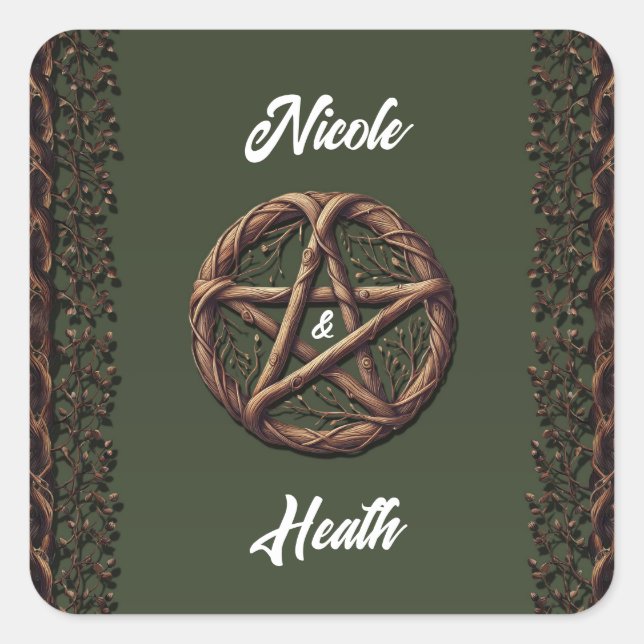 Adesivo Quadrado Casamento de Wood Twig Pentacle Olive Green Wiccan (Frente)