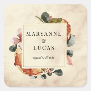 Adesivo Quadrado casamento do monograma de folhagem de cor d'água 