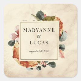 Adesivo Quadrado casamento do monograma de folhagem de cor d'água d