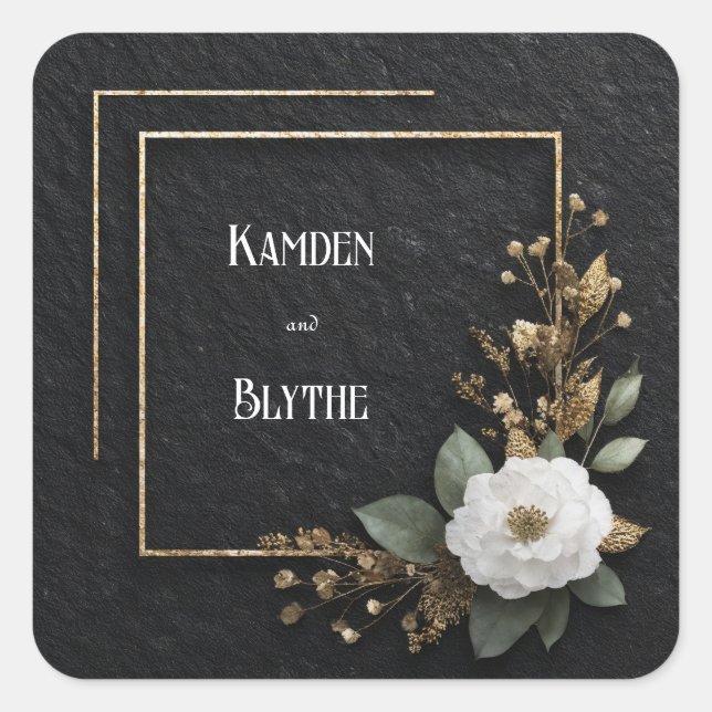 Adesivo Quadrado Casamento Dourado com Camellia Branca (Frente)