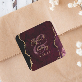 Adesivo Quadrado Casamento Dourado com Script Agate Burgundy