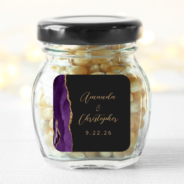 Adesivo Quadrado Casamento Dourado com Script Escuro Agate Purple (Criador carregado)