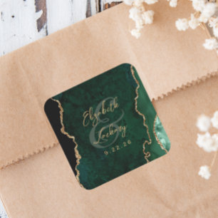 Adesivo Quadrado Casamento Dourado de Arte de Escrita Emerald Green