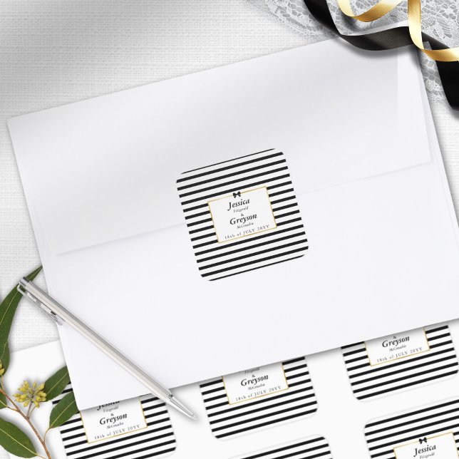 Adesivo Quadrado Casamento Dourado de Frame  de Stripe Negra Elegan (Criador carregado)