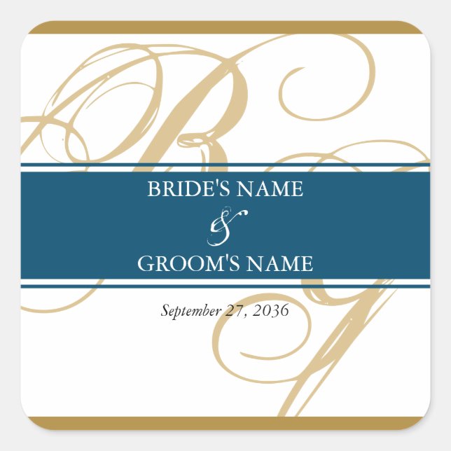 Adesivo Quadrado Casamento Dourado de Monograma de Script Elegante  (Frente)