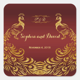 Adesivo Quadrado Casamento Dourado de Peacock Real Burgundy
