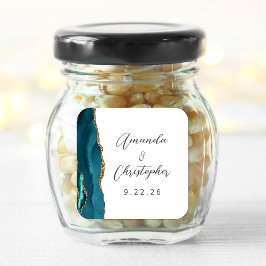 Adesivo Quadrado Casamento Dourado de Script Azul de Agate Teal
