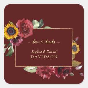 Adesivo Quadrado Casamento Dourado de Sunflower Real Burgundy