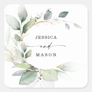 Adesivo Quadrado Casamento Dourado de Watercolor Greenery