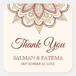 Adesivo Quadrado Casamento Dourado e Burgundy Henna Mehndi Obrigado