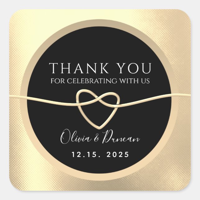 Adesivo Quadrado Casamento Dourado e Negro Elegante Obrigado (Frente)