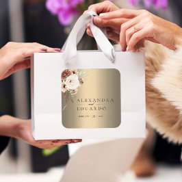 Adesivo Quadrado Casamento Dourado Elegante Boho Wildflower