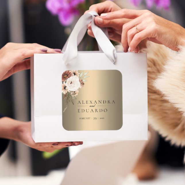 Adesivo Quadrado Casamento Dourado Elegante Boho Wildflower (Criador carregado)