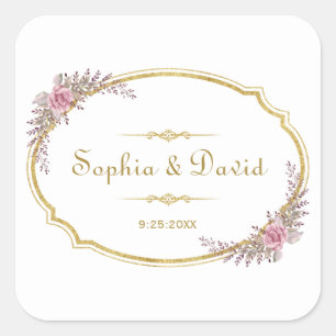 Adesivo Quadrado Casamento Dourado Floral de Blush Elegante