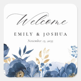 Adesivo Quadrado Casamento Dourado Floral de Boas-vindas Dusky Azul