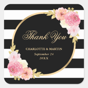 Adesivo Quadrado Casamento Dourado Floral Preto-Branco - Obrigado