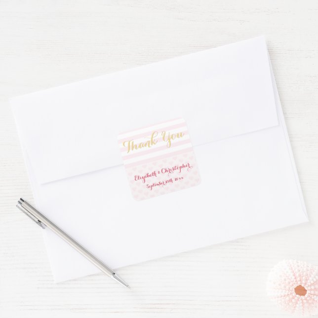 Adesivo Quadrado Casamento Dourado Rosa Elegante Moderno Obrigado A (Envelope)
