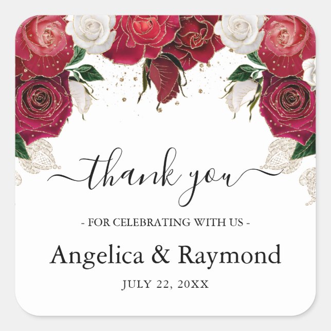 Adesivo Quadrado Casamento Elegante Branca e Burgundy Obrigado (Frente)