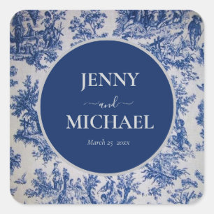 Adesivo Quadrado Casamento Elegante Branco Azul de Toile de Jouy