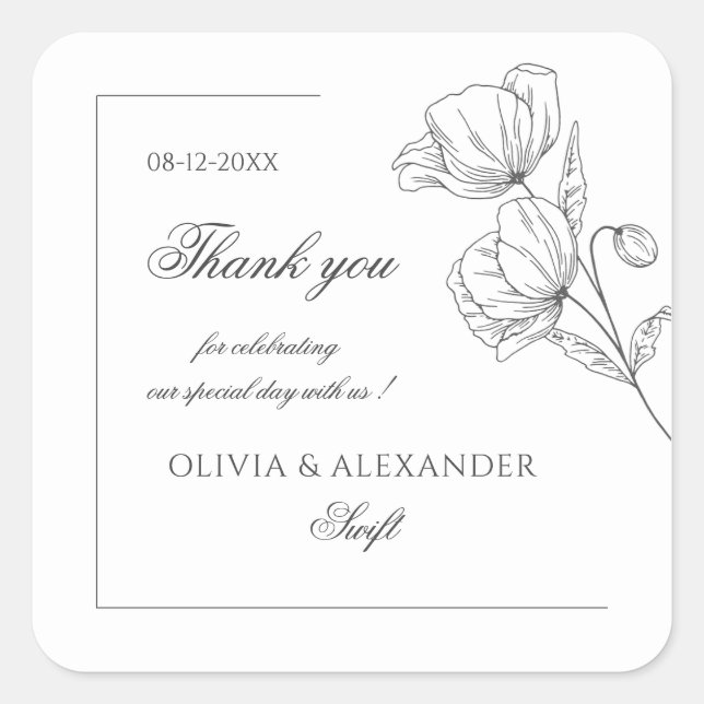 Adesivo Quadrado Casamento elegante com flores picadas (Frente)