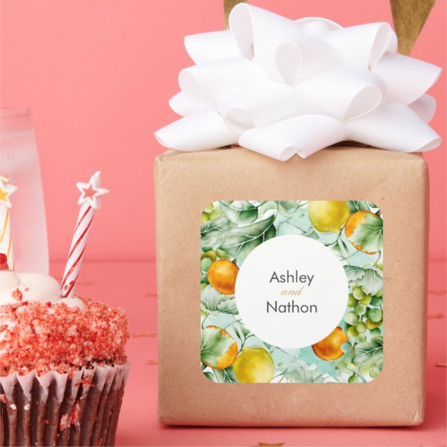 Adesivo Quadrado Casamento Elegante de cor d'água floral e Fruta (Festa)