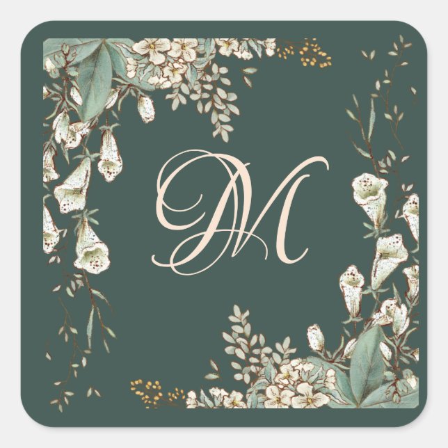 Adesivo Quadrado Casamento Elegante de Monograma de Script Floral V (Frente)