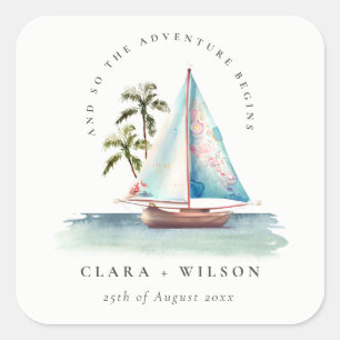 Adesivo Quadrado Casamento Elegante Dusky Teal Sailboat Palm Seasca