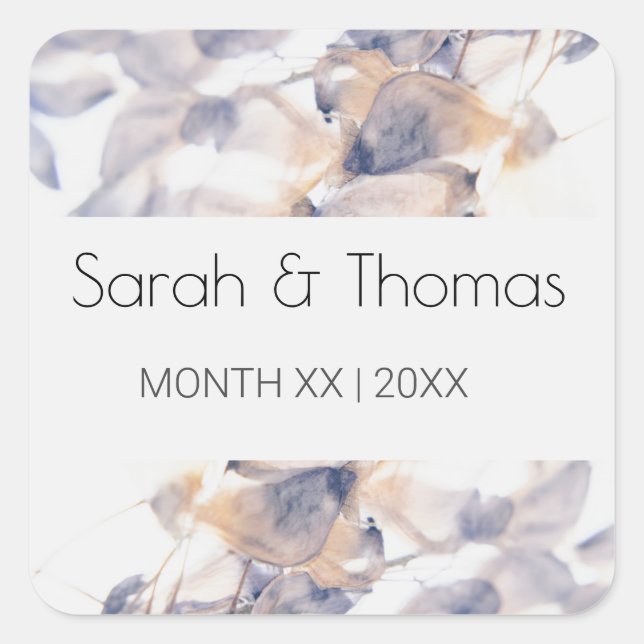 ADESIVO QUADRADO CASAMENTO ELEGANTE FLORAL DE PATELAS BRANCAS E AZU (Frente)