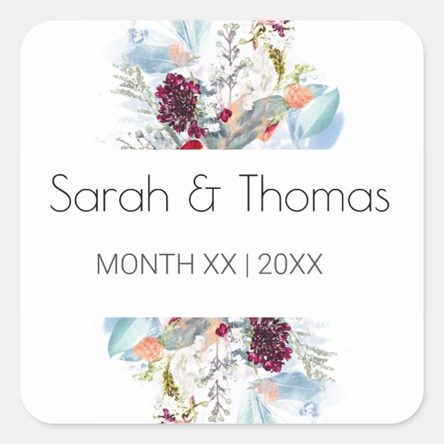 ADESIVO QUADRADO CASAMENTO ELEGANTE FLORAL VERMELHO BRANCO E LARANJ (Frente)