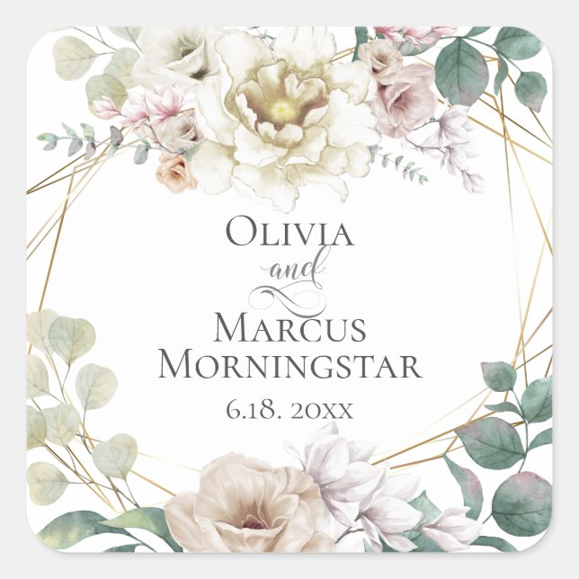 Adesivo Quadrado Casamento Elegante Ivory Blush Magnolias Peonies (Frente)