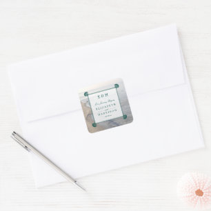 Adesivo Quadrado Casamento Elegante Monograma & Teal Scallop Beach