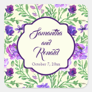 Adesivo Quadrado Casamento em Aquarela Floral Roxa e Verde Elegante