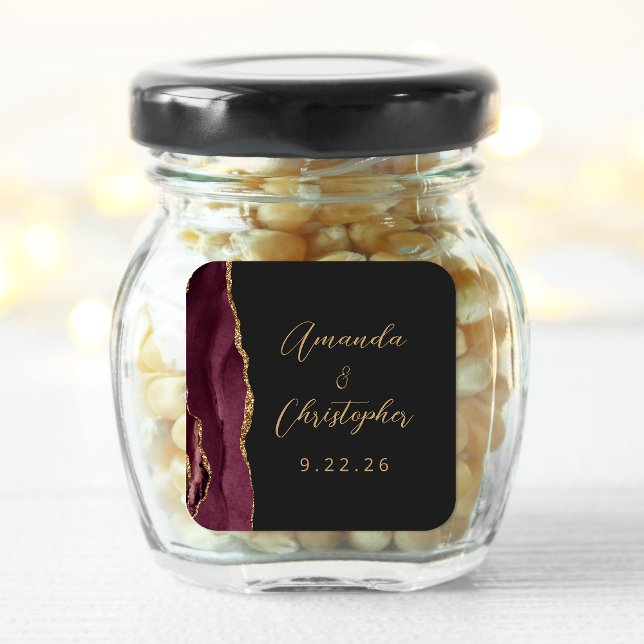 Adesivo Quadrado Casamento Escuro Ágata Borgonha Dourado Script (Criador carregado)