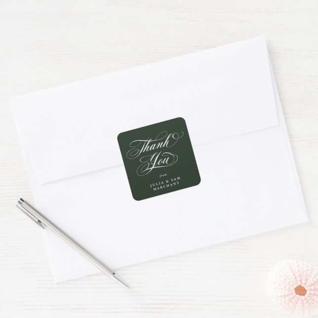 Adesivo Quadrado Casamento Escuro Elegante Verde Obrigado (Envelope)