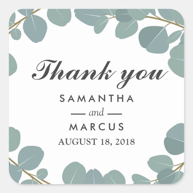 Adesivo Quadrado Casamento Eucalyptus Wreath Greenery Obrigado (Frente)