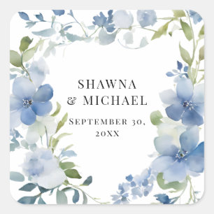 Adesivo Quadrado Casamento Floral Azul Branco Aquarela Moderna