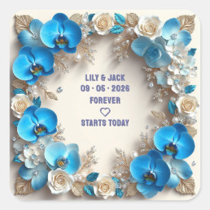 Adesivo Quadrado Casamento Floral Azul com Detalhes em Turquesa e D