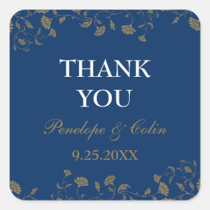 Adesivo Quadrado Casamento Floral Azul Elegante Obrigado