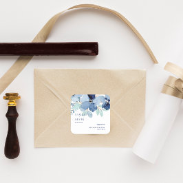 Adesivo Quadrado Casamento Floral Azul Watercolor Obrigado