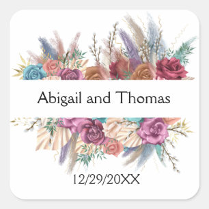 Adesivo Quadrado Casamento Floral Boho Personalizado na Moda