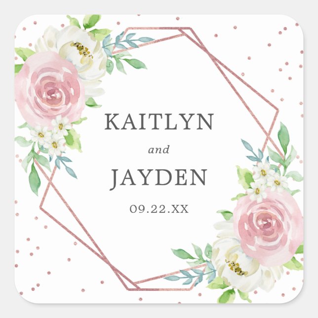 Adesivo Quadrado Casamento Floral com Folha Rosa de Ouro Geométrica (Frente)