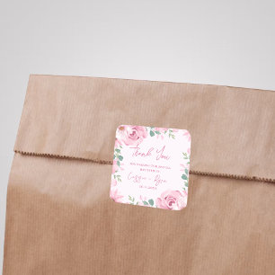 Adesivo Quadrado Casamento Floral Cor-de-Água Rosa Obrigado Quadrad