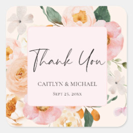 Adesivo Quadrado Casamento Floral Cor-de-Rosa Elegante Obrigado