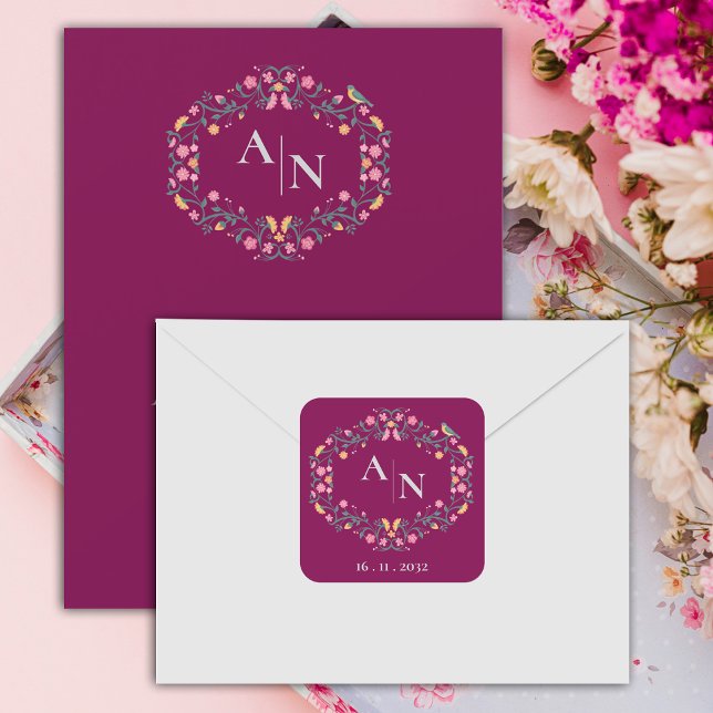 Adesivo Quadrado Casamento Floral Corajoso Bonito Vermelho Monogram (Red Pretty Monogram Cute Colorful Floral Wedding Square Sticker)