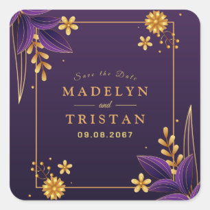 Adesivo Quadrado Casamento Floral de Aestética Dourada e Roxa