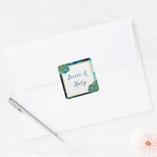 Adesivo Quadrado Casamento Floral de Ágata Azul Turquesa