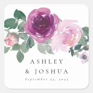 Adesivo Quadrado Casamento Floral de Aquarela com Toque Magenta